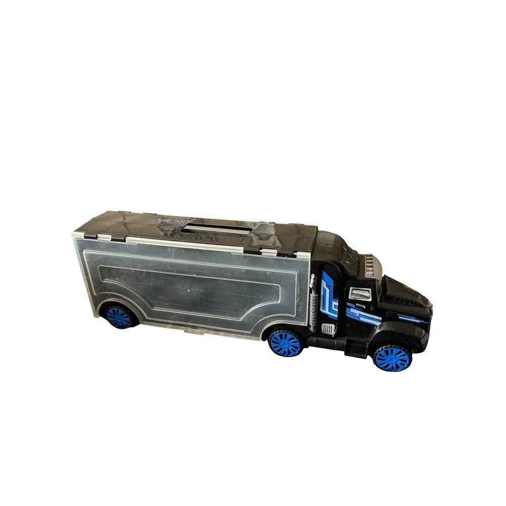 Toy Car Carrier Case Black Semi Truck Storage for Diecast Cars Blue Wheels
